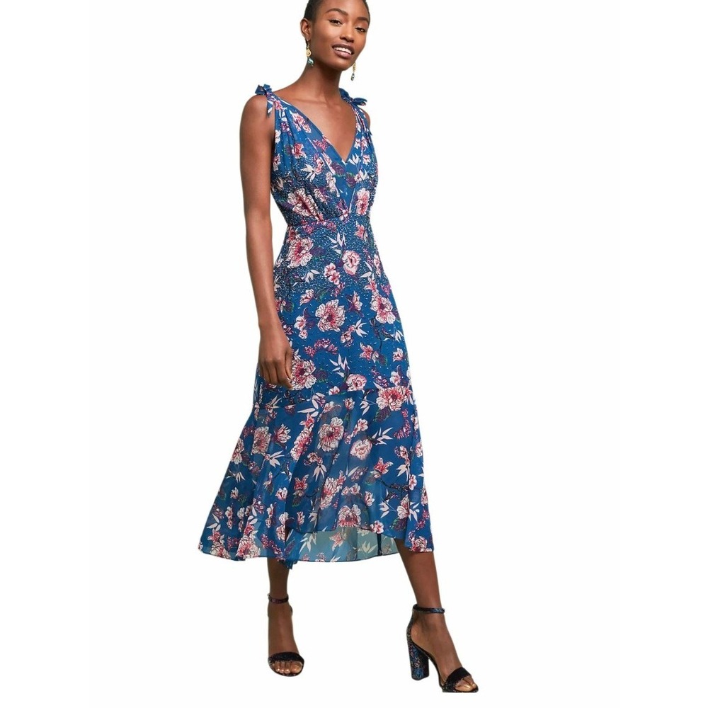 Ranna Gill Blue Floral Beaded Midi Dress XL Tie Strap Ruffle High-Low‎ Hem